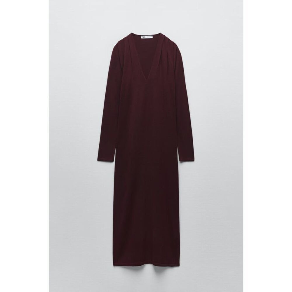 Purple Merlot Zara V-Neck Gathered Shoulder Long Sleeve Knit Midi Dress (NWT)